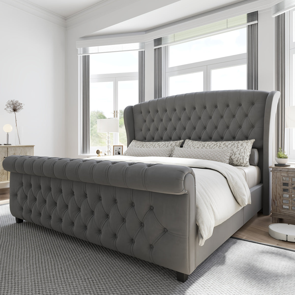 platform bed frame chenille upholstered   scroll - Temu