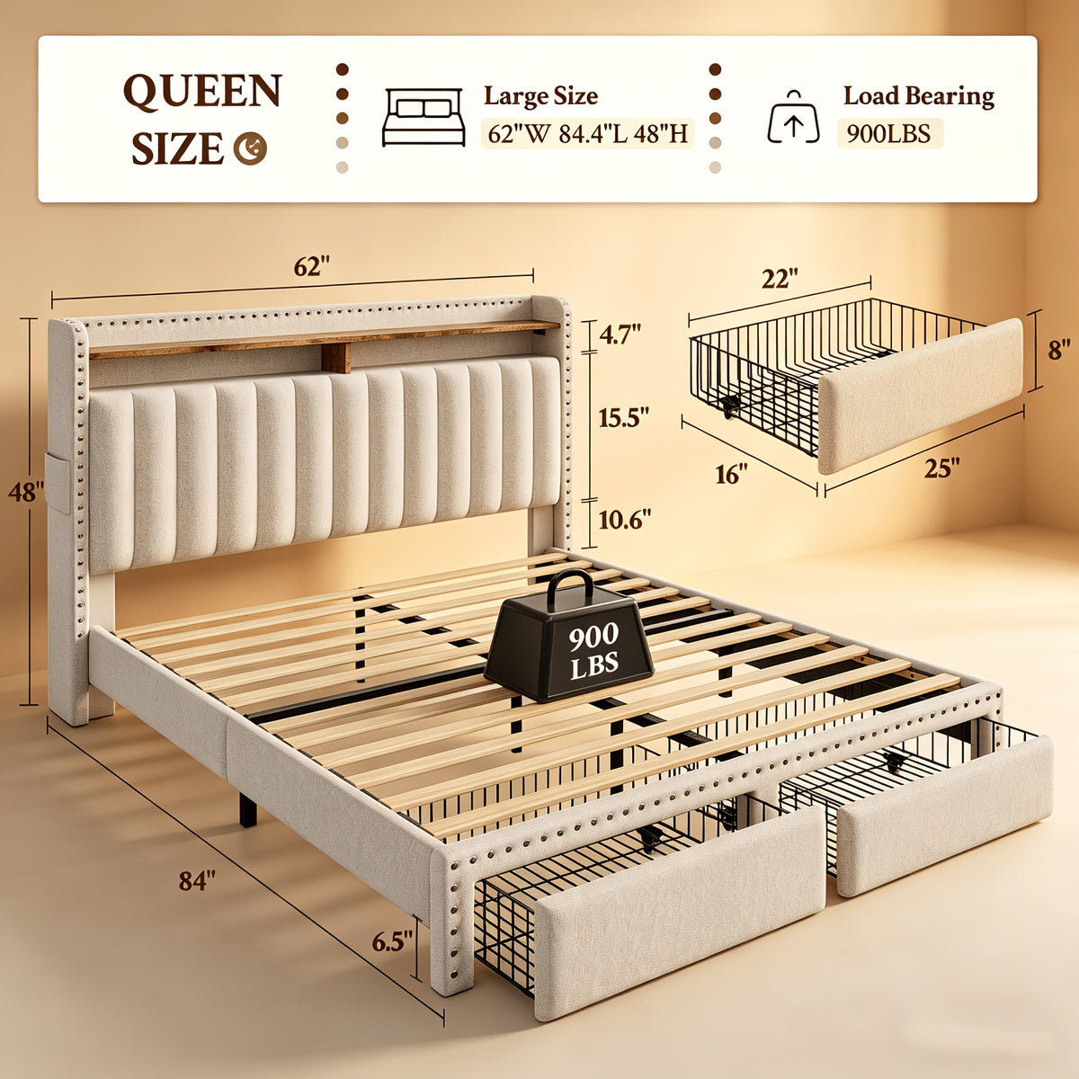 king size upholstered bed frame   2 underbed - Temu