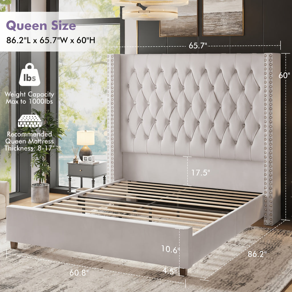 velvet upholstered platform bed frame 60 inch tall - Temu