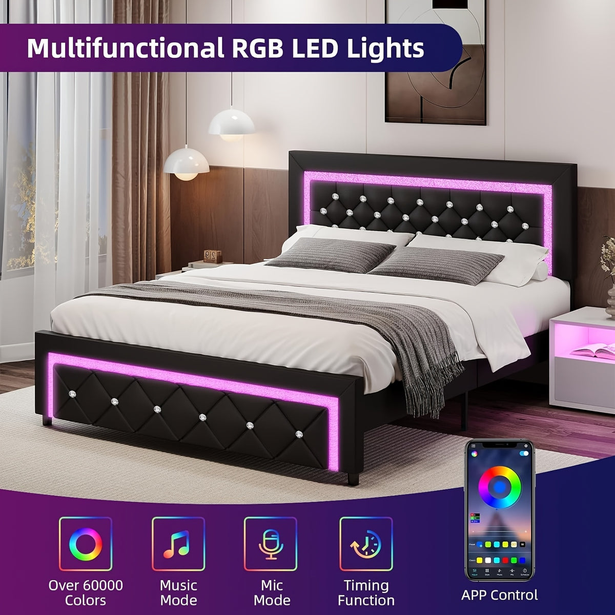 twin full queen bed frame led lights upholstered platform - Temu