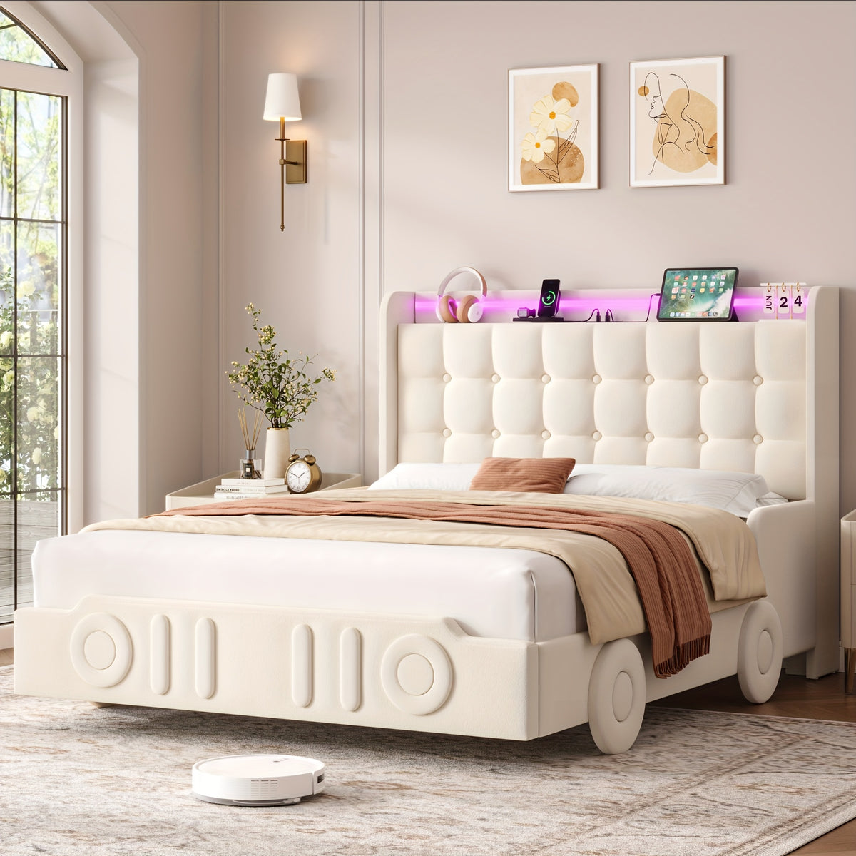 twin full queen upholstered bed frame led lights charging - Temu