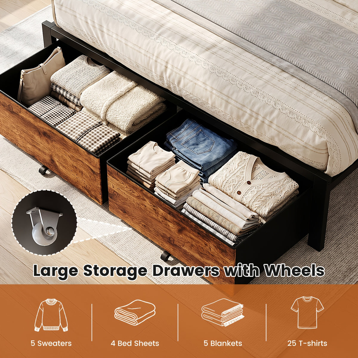 upholstered bed frame 2 bed storage drawers metal platform - Temu