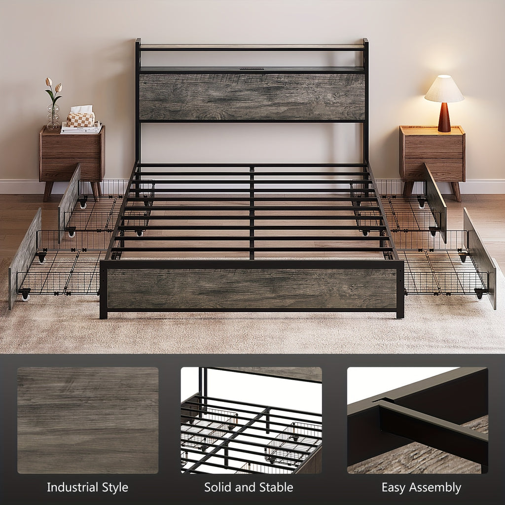 queen size bed frame storage headboard 4 drawers no - Temu