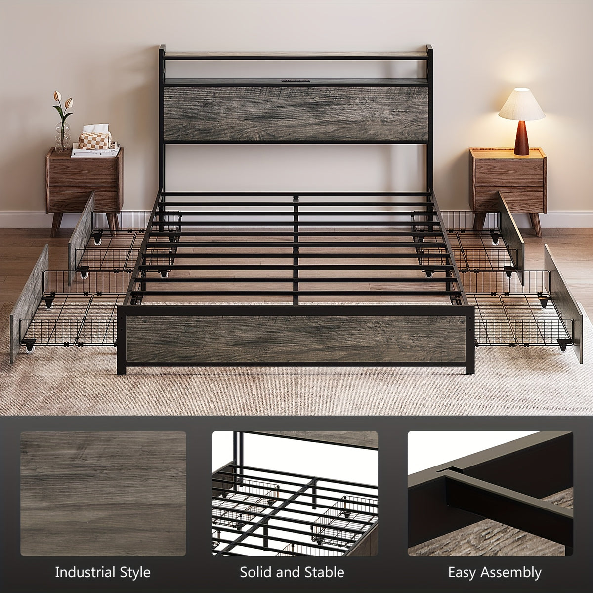 queen size bed frame storage headboard 4 drawers no - Temu