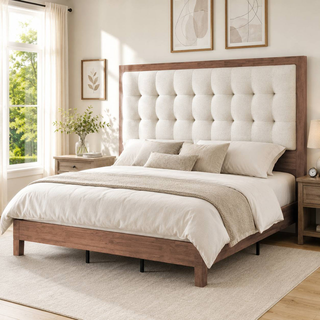 classic vintage solid wood bed frame upholstered headboard - Temu