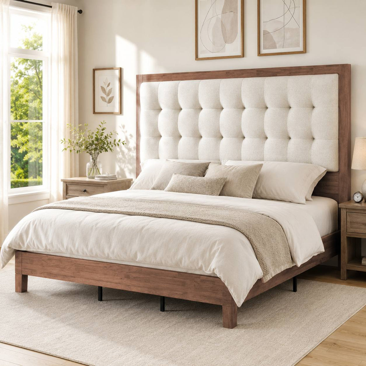 classic vintage solid wood bed frame upholstered headboard - Temu