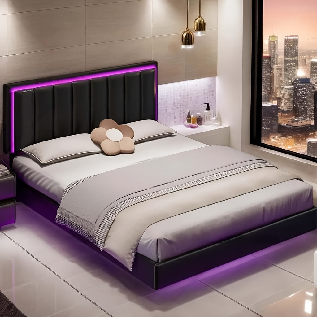 floating bed frame rgb led lights upholstered headboard - Temu