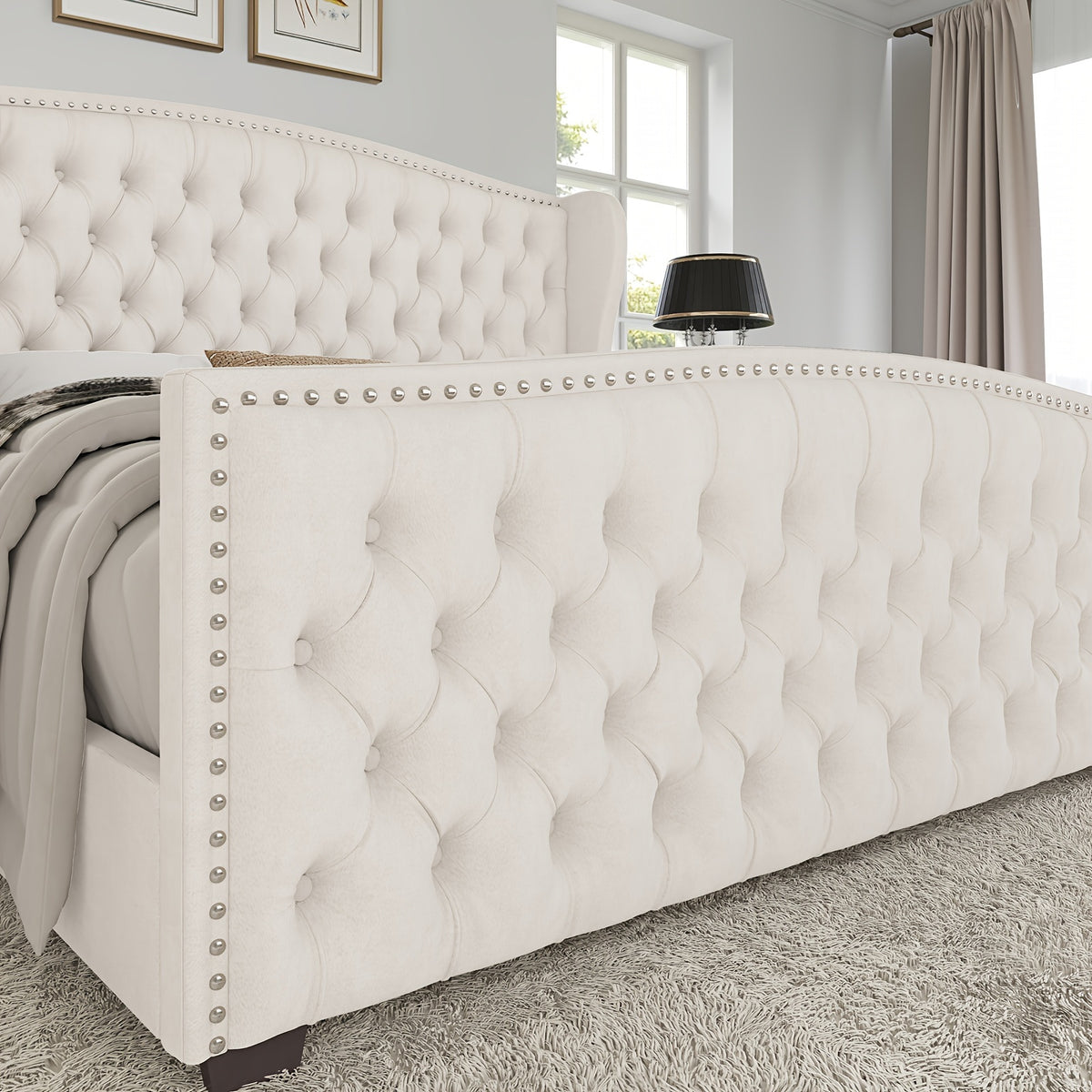handcrafted velvet bed frame featuring a wingback headboard - Temu