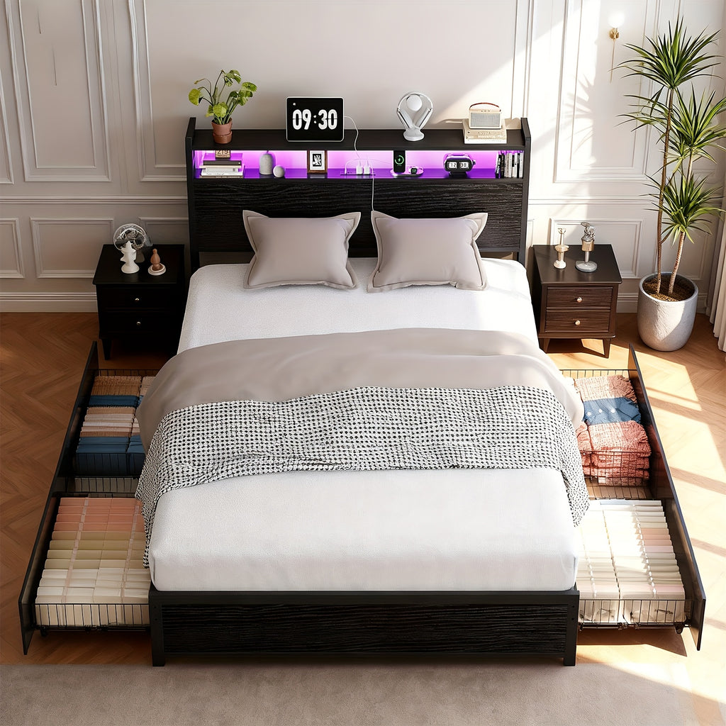 queen size bed frame storage headboard 4 drawers no - Temu