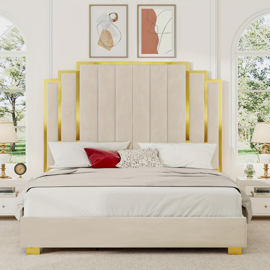 modern upholstered bed frame 65 headboard golden - Temu