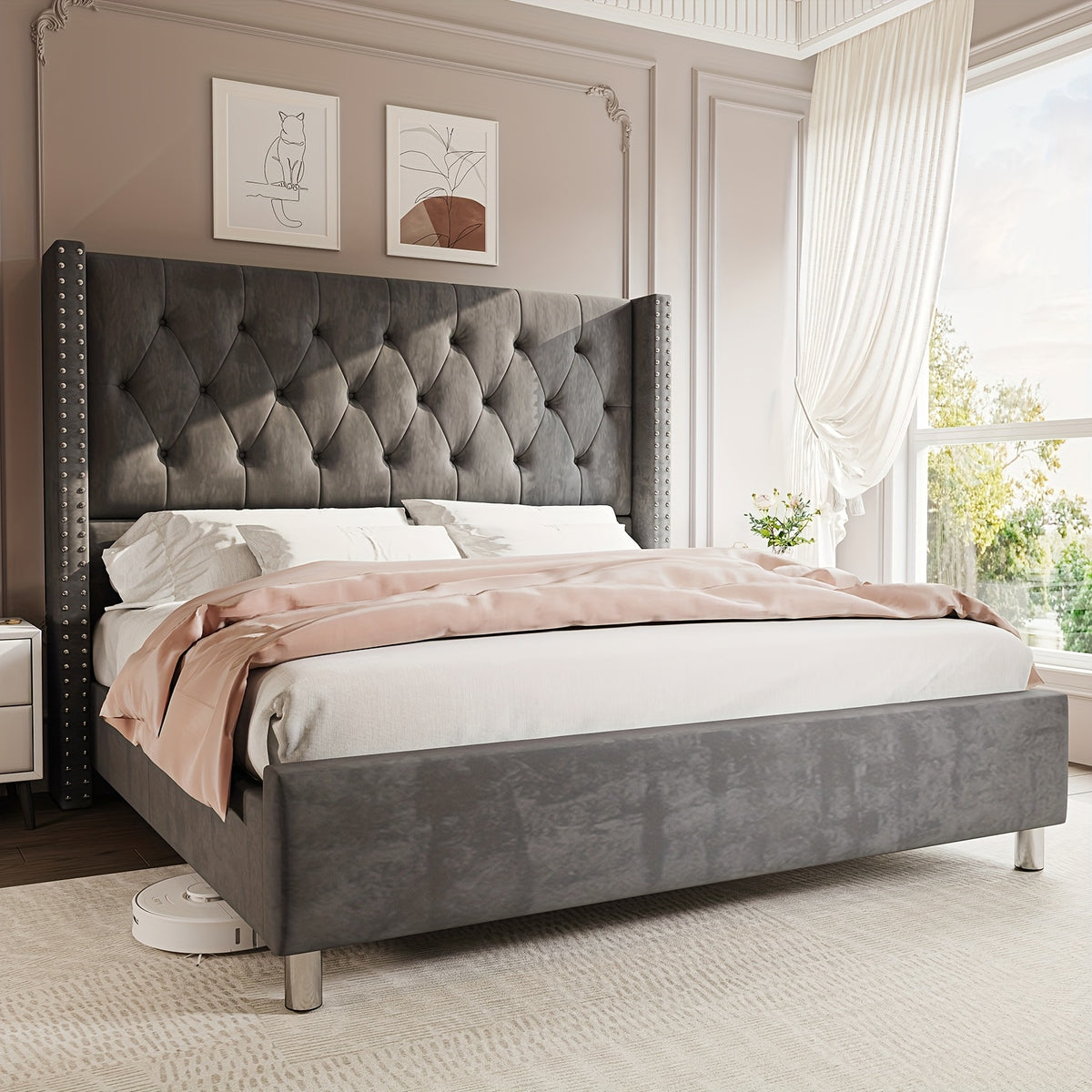 velvet upholstered bed frame wingback headboard no - Temu