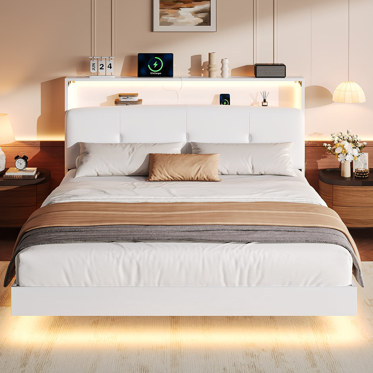 modern bed frame led lightings storage headboard - Temu