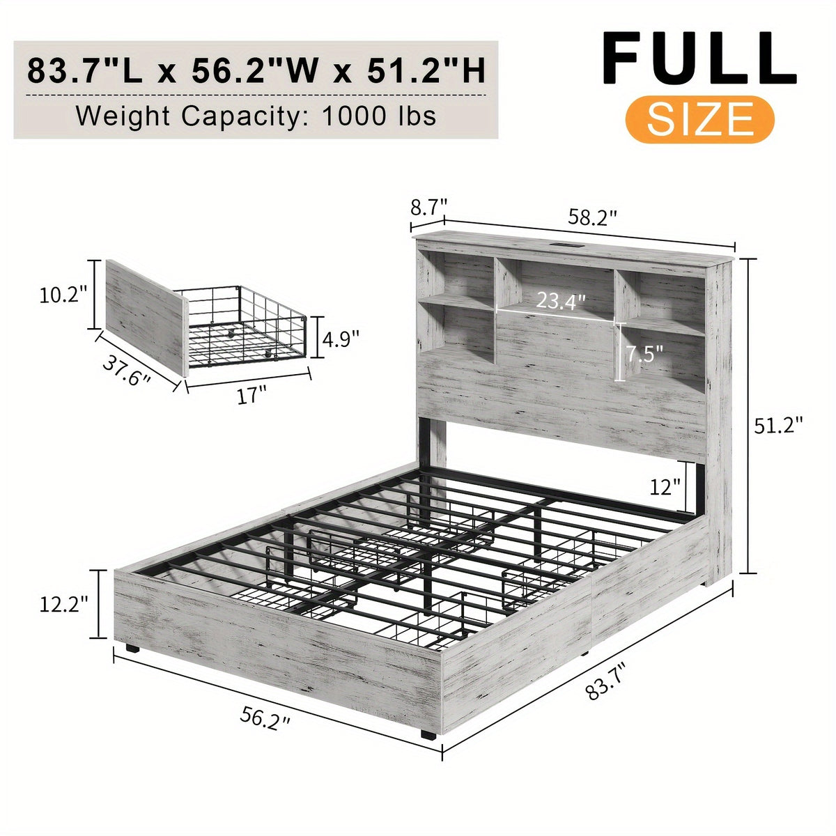 led bookcase headboard bed frame featuring a charging - Temu