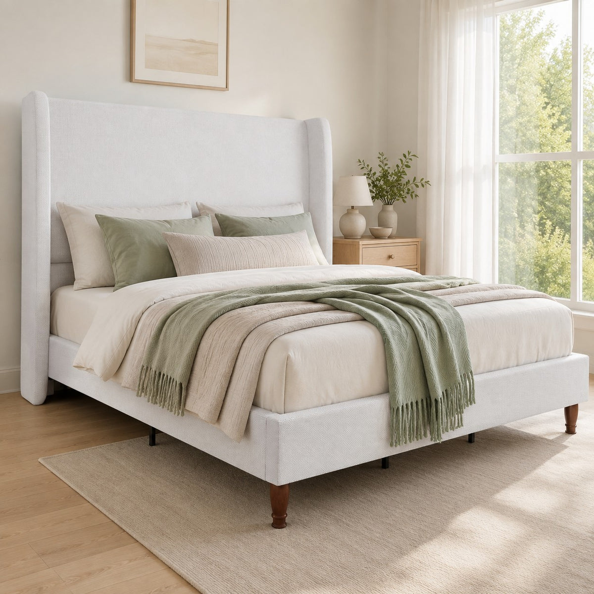 queen size linen upholstered bed frame soft wingback - Temu