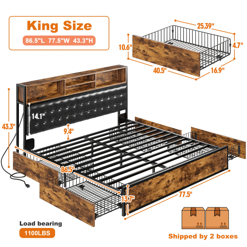 king queen full bed frame 4 storage drawers headboard - Temu