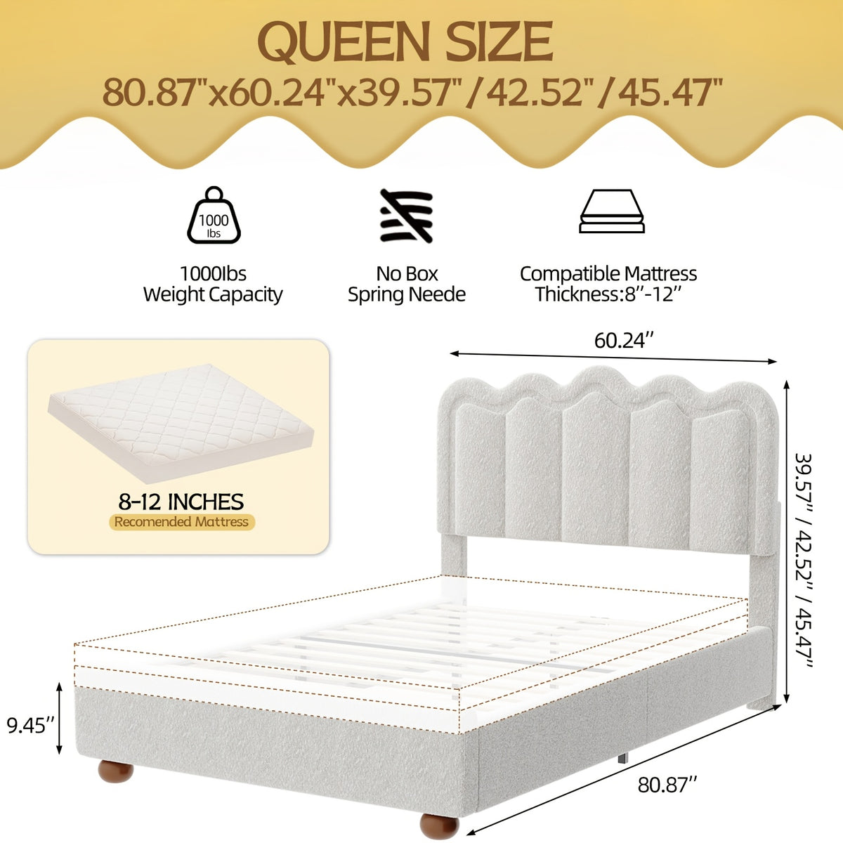 queen size bed frame headboard footboard upholstered boucle - Temu