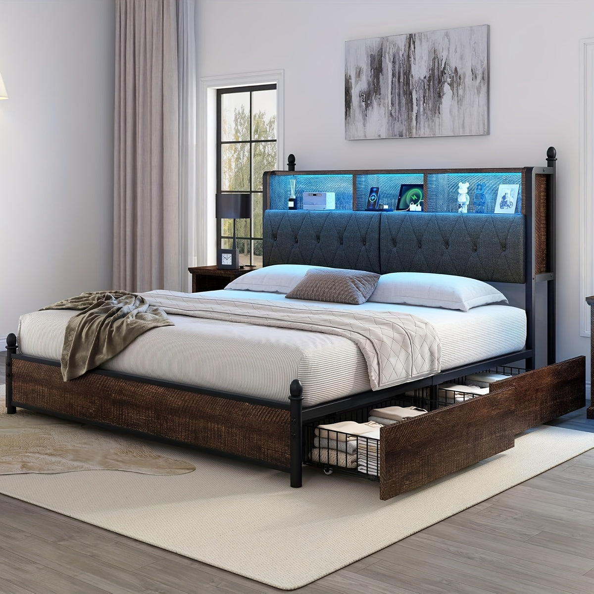 wooden platform bed bookcase headboard 4 storage drawers - Temu