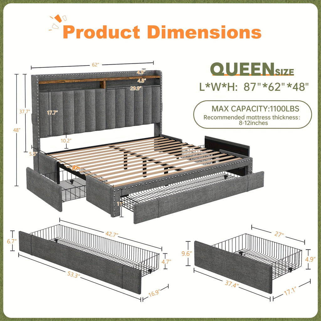 king size upholstered storage bed 3 drawers 2 tier - Temu