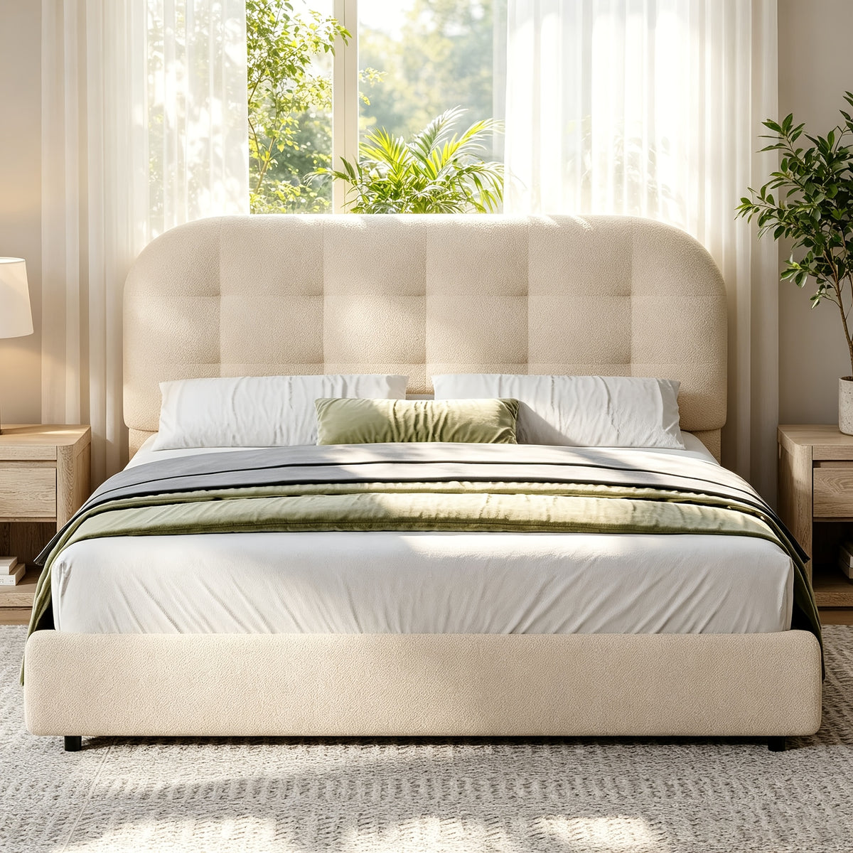 modern boucle upholstered platform bed frame curved cloud - Temu