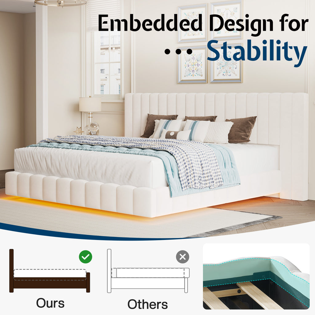 velvet upholstered bed frame wide headboard floating - Temu