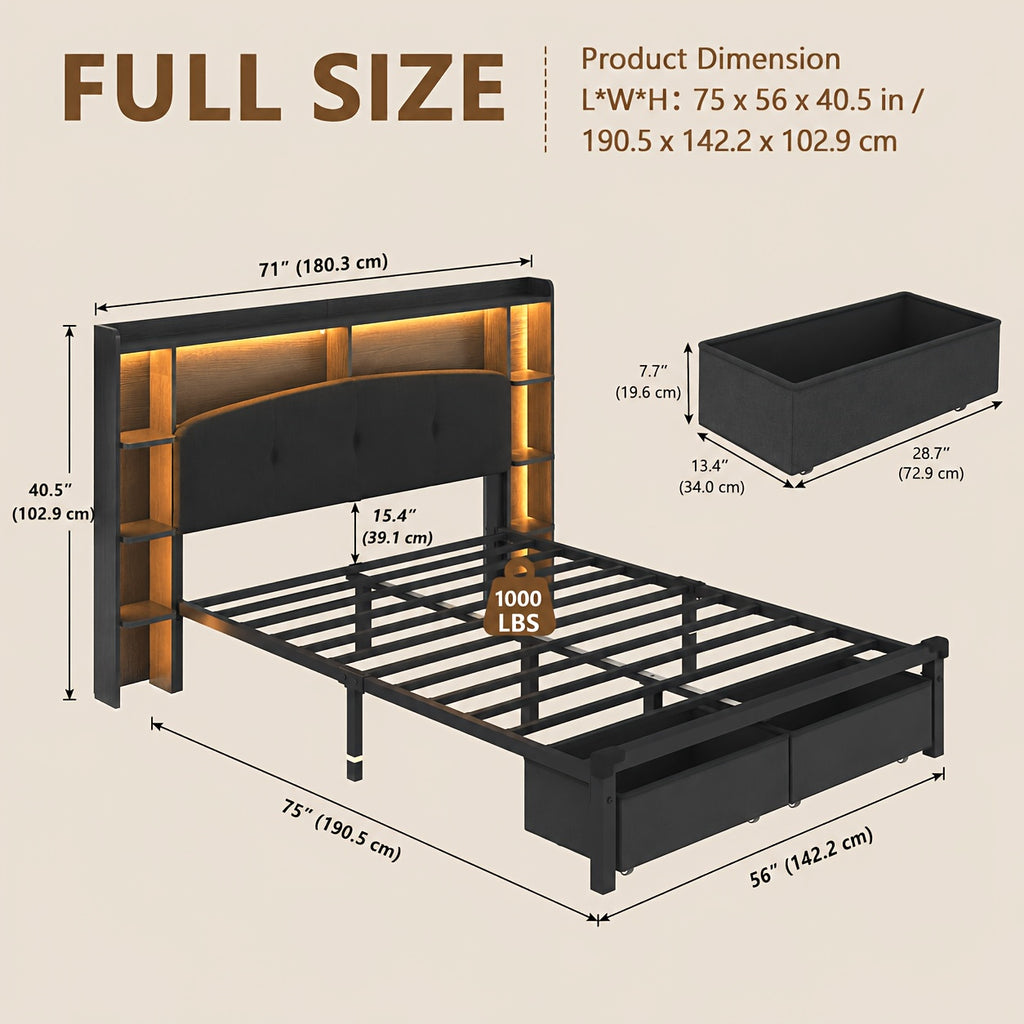 modern bed frame storage headboard 2 fabric drawers rgb led - Temu