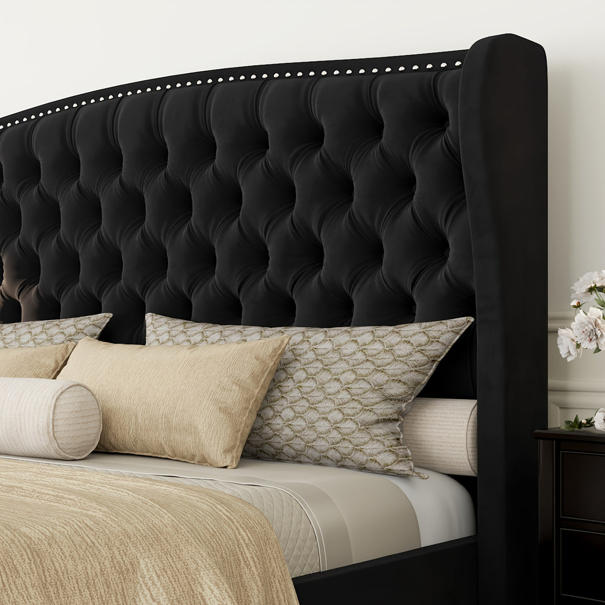 queen platform bed frame wingback headboard velvet - Temu