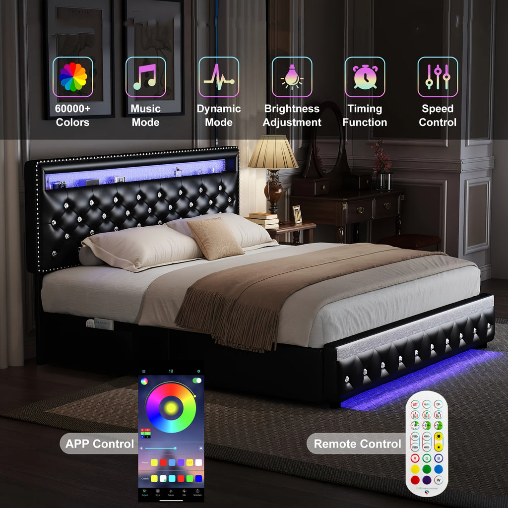 queen led bed frame 2 drawers modern full size pu leather - Temu