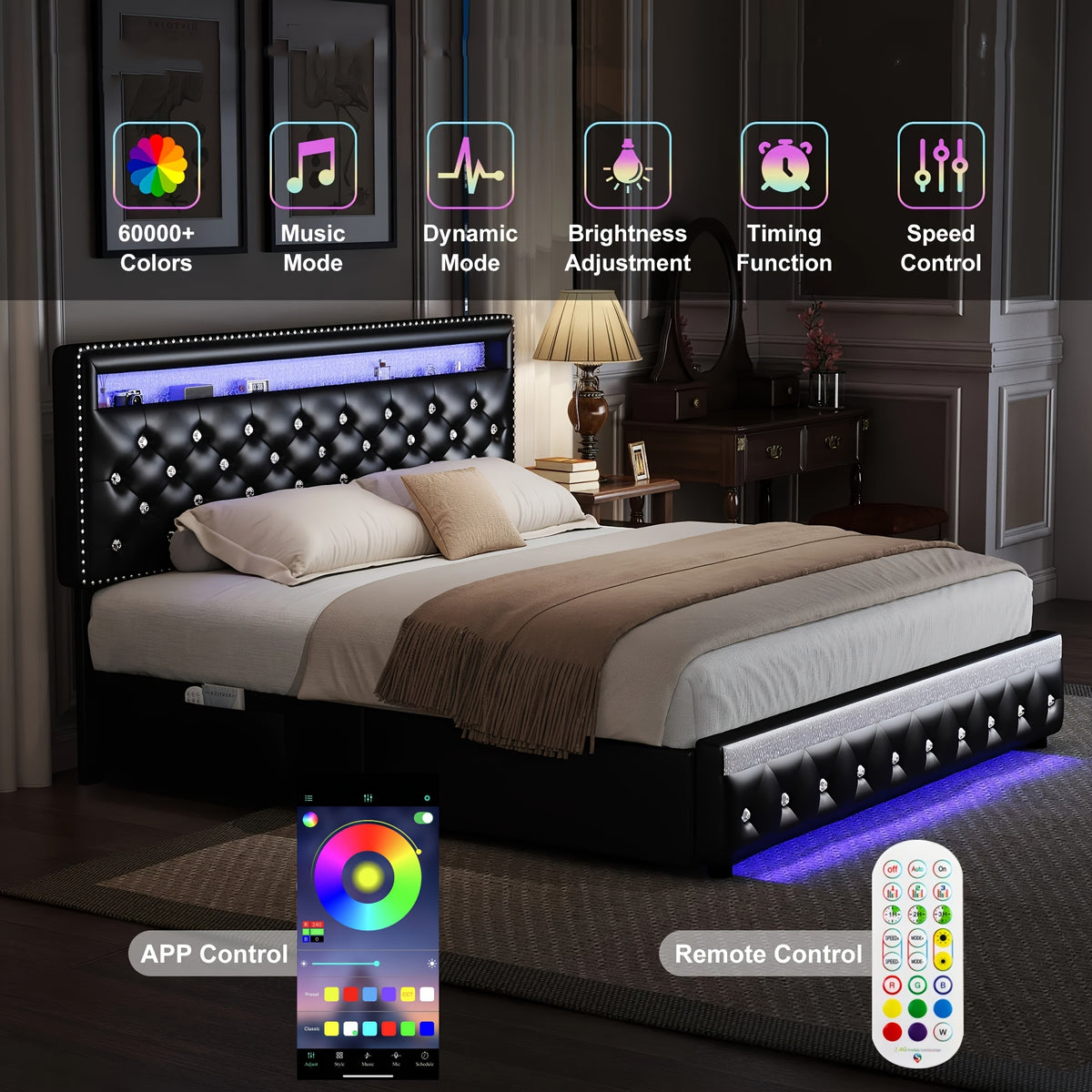 queen led bed frame 2 drawers modern full size pu leather - Temu