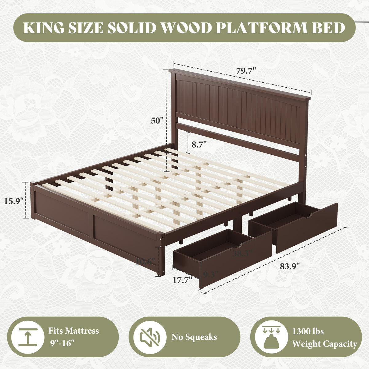 solid wood storage bed frame 50 tall headboard   century - Temu