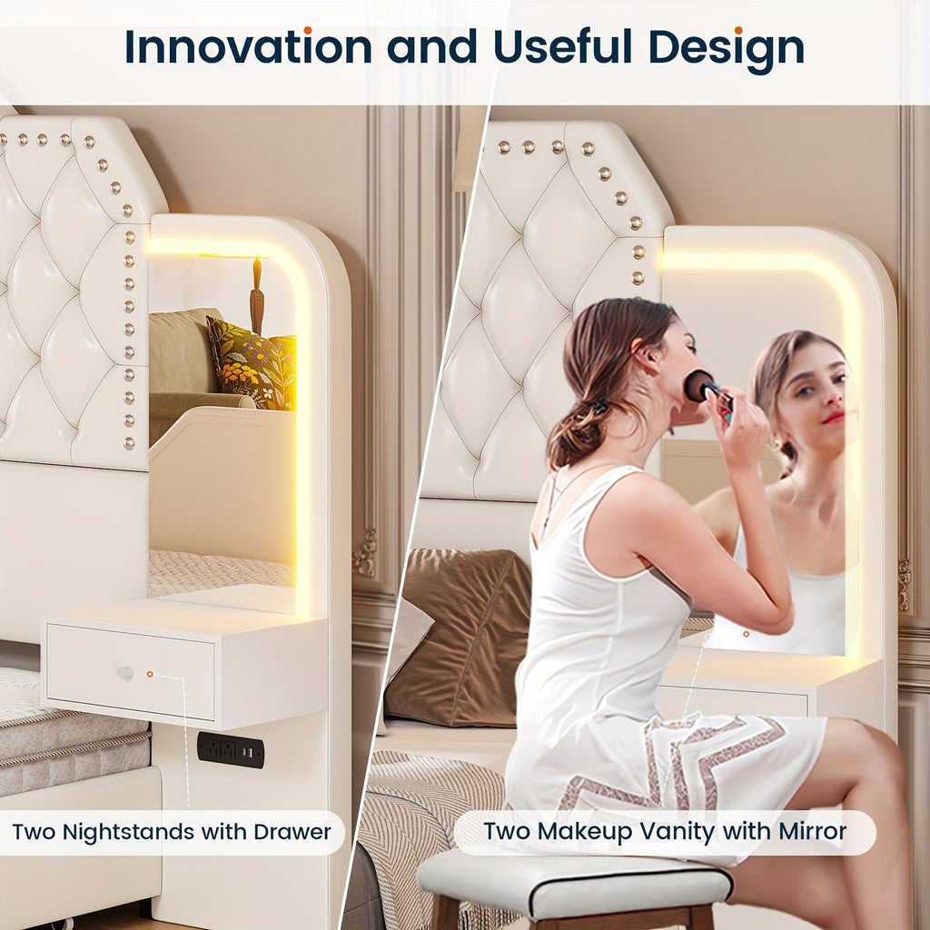 queen size bed frame 2 nightstands mirror modern platform - Temu