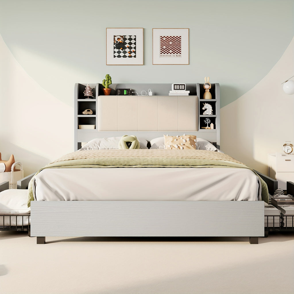 upholstered bed frame 4 storage drawers industrial bed frame - Temu