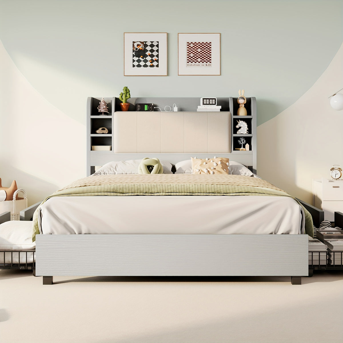 upholstered bed frame 4 storage drawers industrial bed frame - Temu