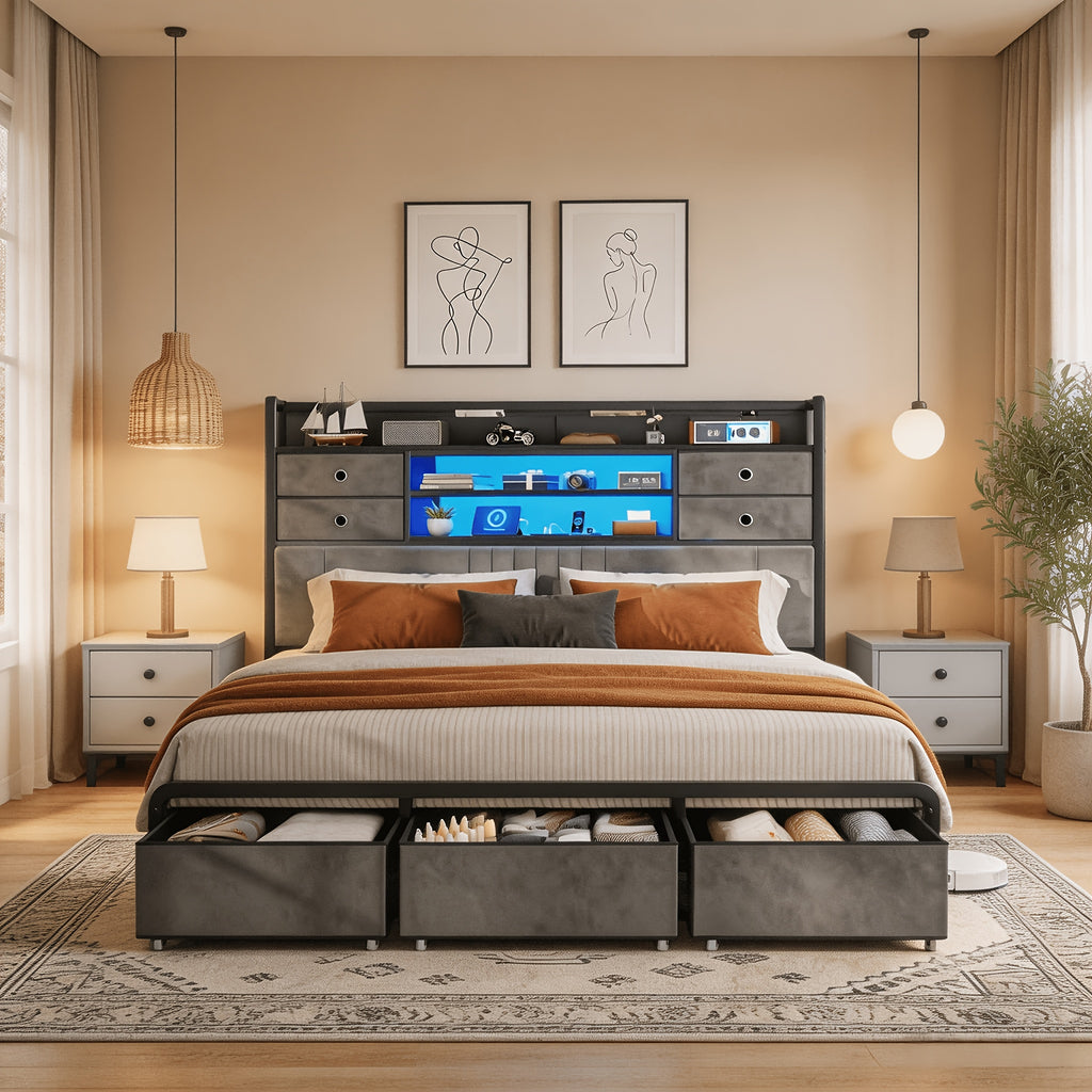 velvet platform bed frame headboard storage 4 fabric - Temu