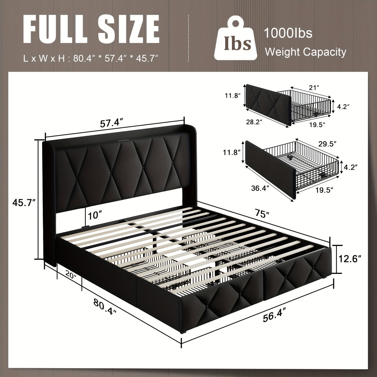 4 drawers storage bed frame wingback headboard - Temu