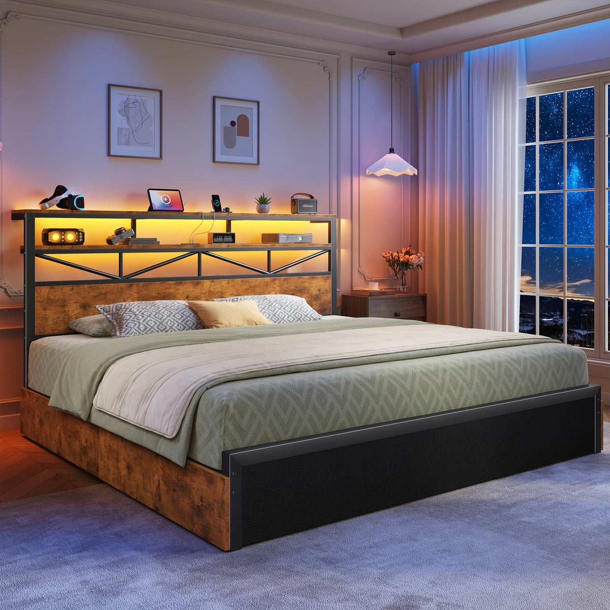 contemporary bed frame rgb led light convenient bedside 2u1c - Temu