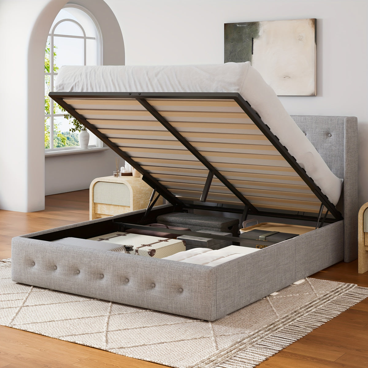 lift storage bed modern wingback upholstered - Temu