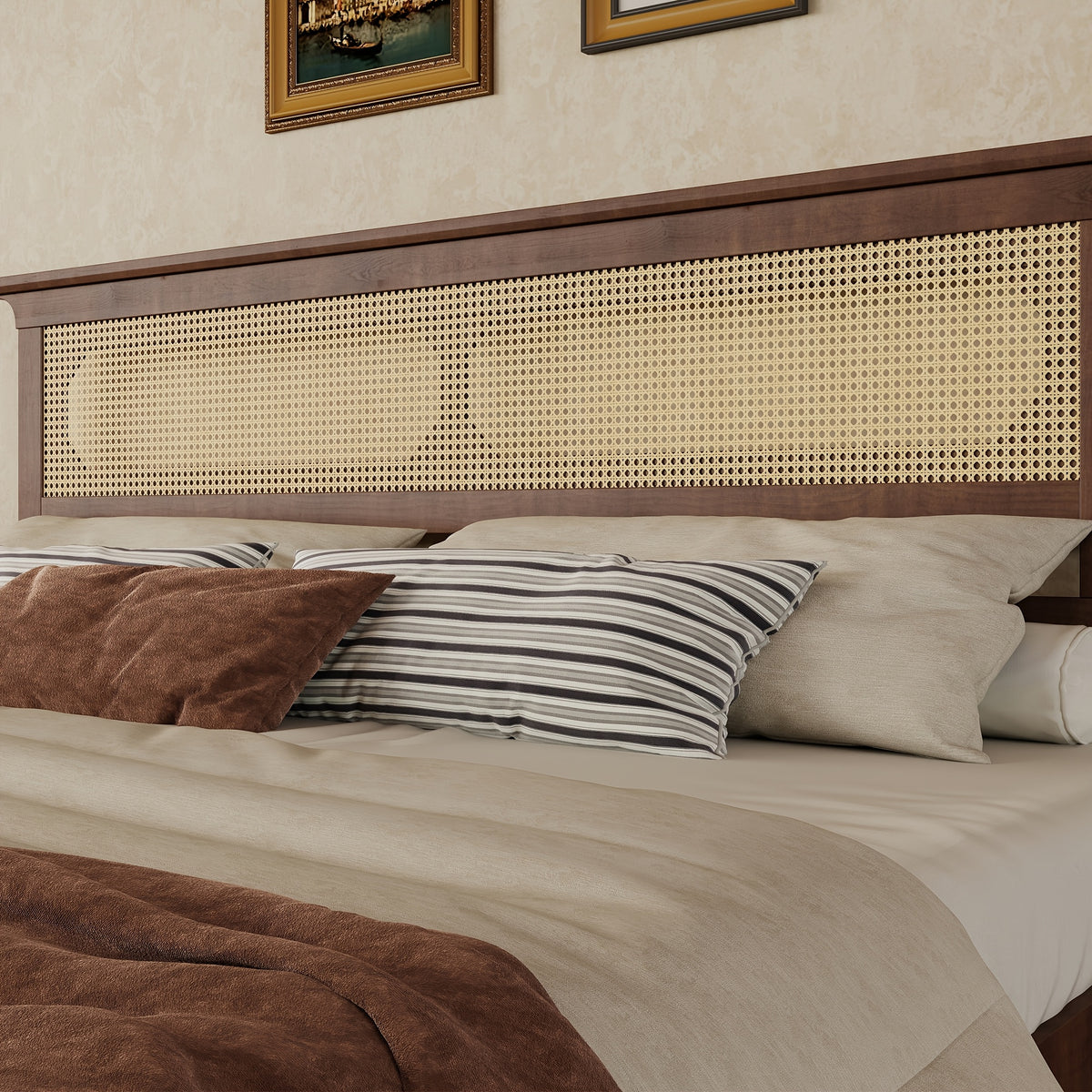king size platform bed frame pe rattan headboard - Temu