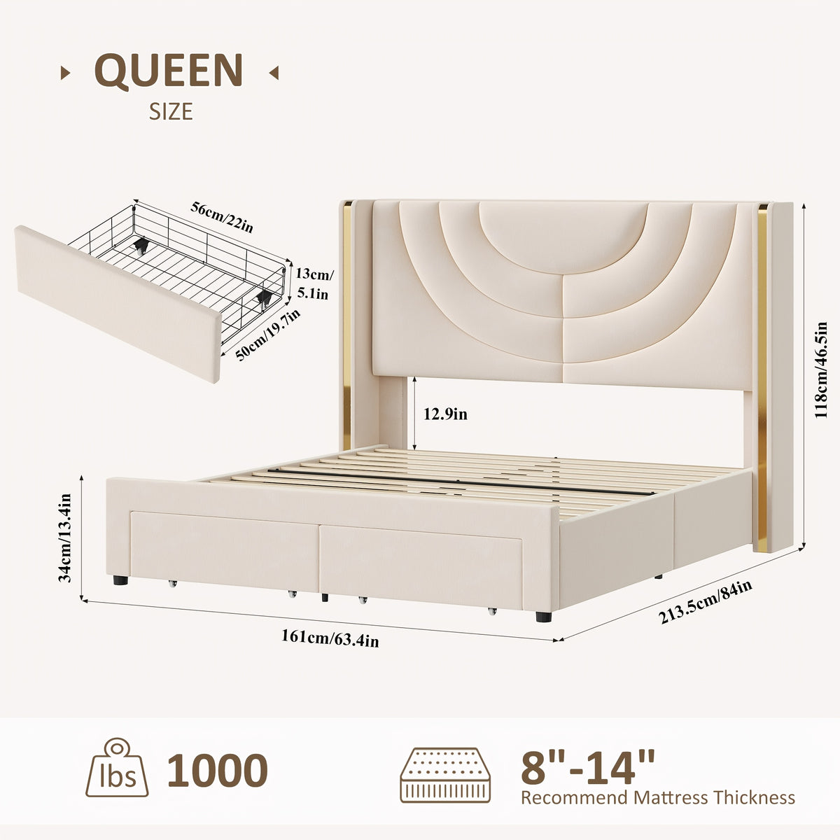 fultru full queen king upholstered led bed frame 2 storage - Temu