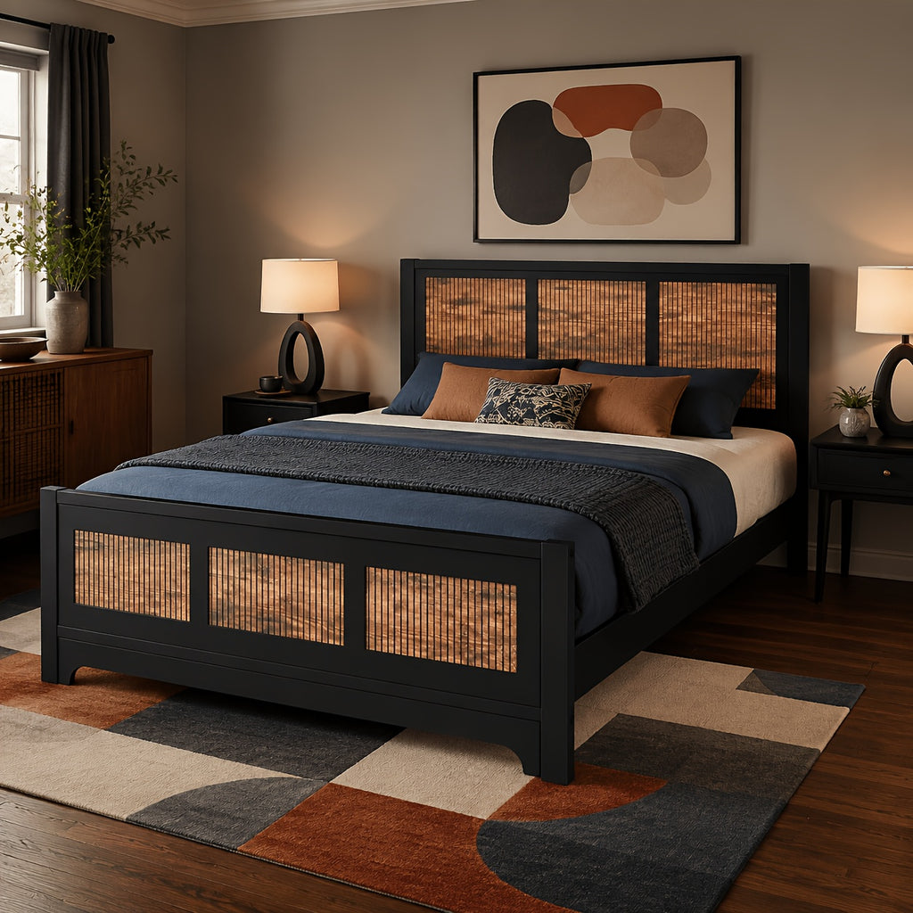 black rattan wood platform bed frame queen size rattan - Temu