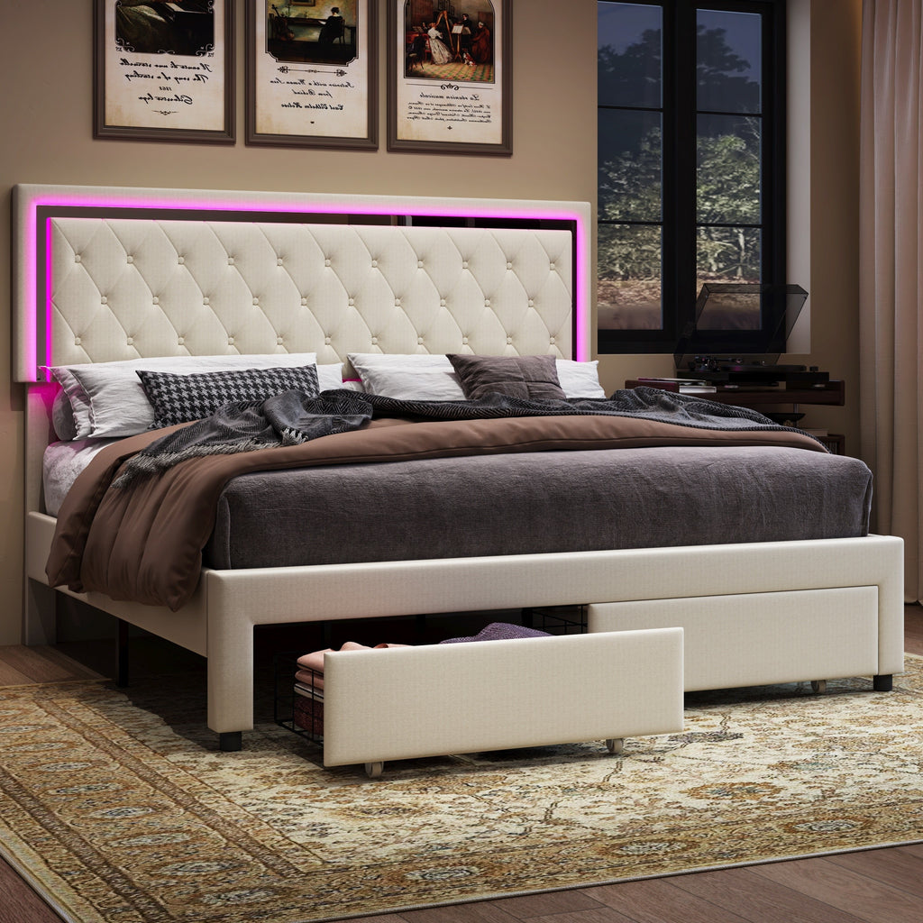 velvet upholstered led bed frame two storage drawers - Temu