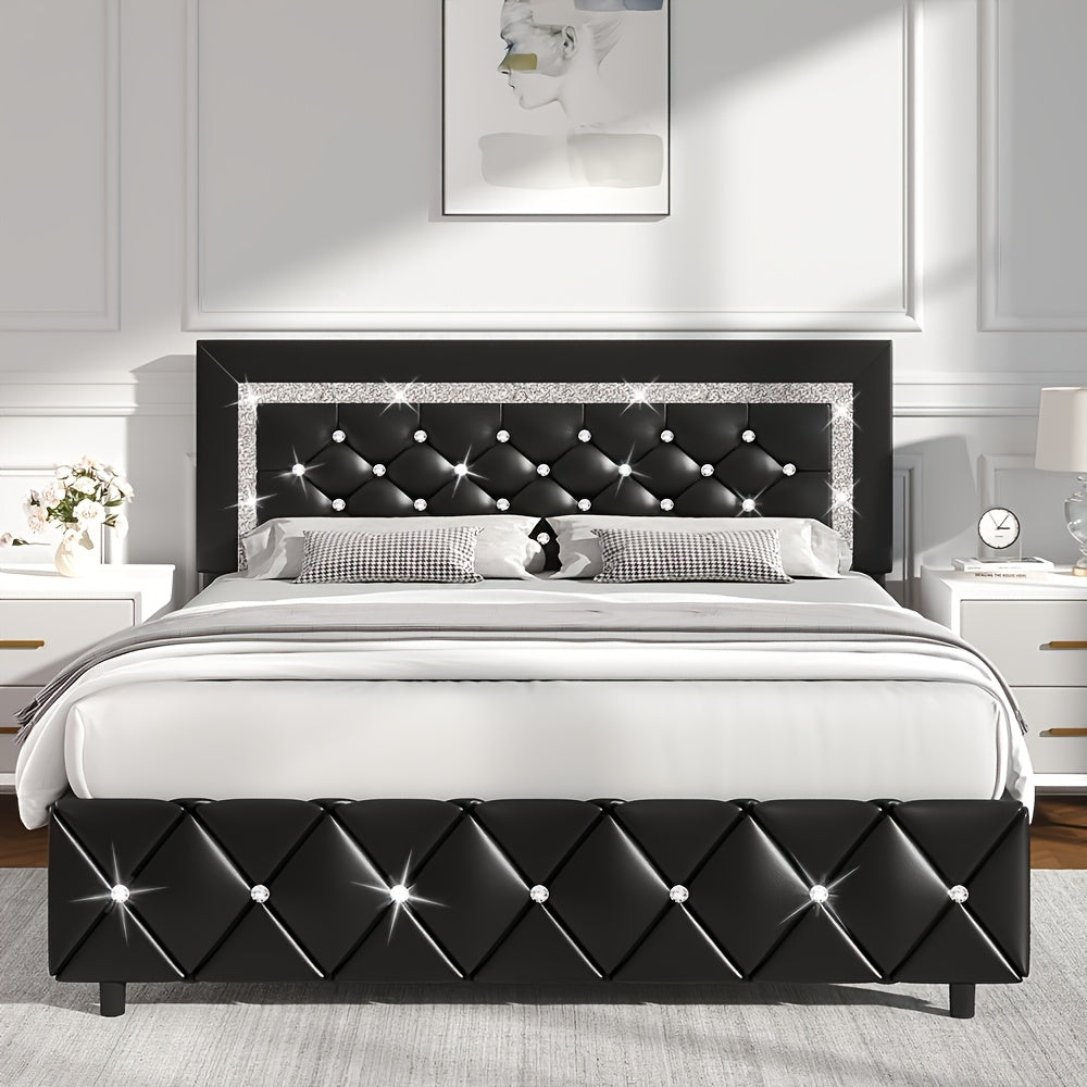 upholstered bed frame diamond tufted headboard faux leather - Temu