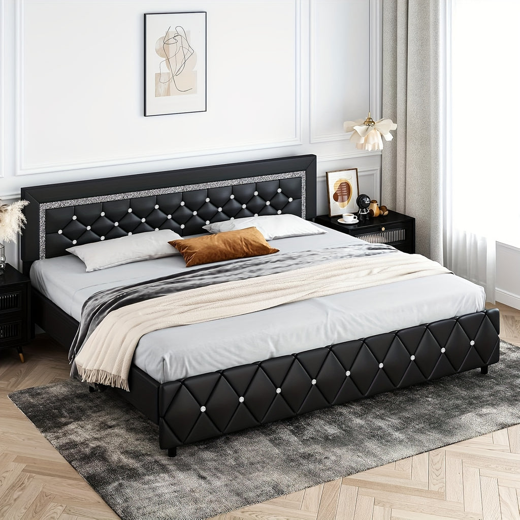 upholstered bed frame diamond tufted headboard faux leather - Temu