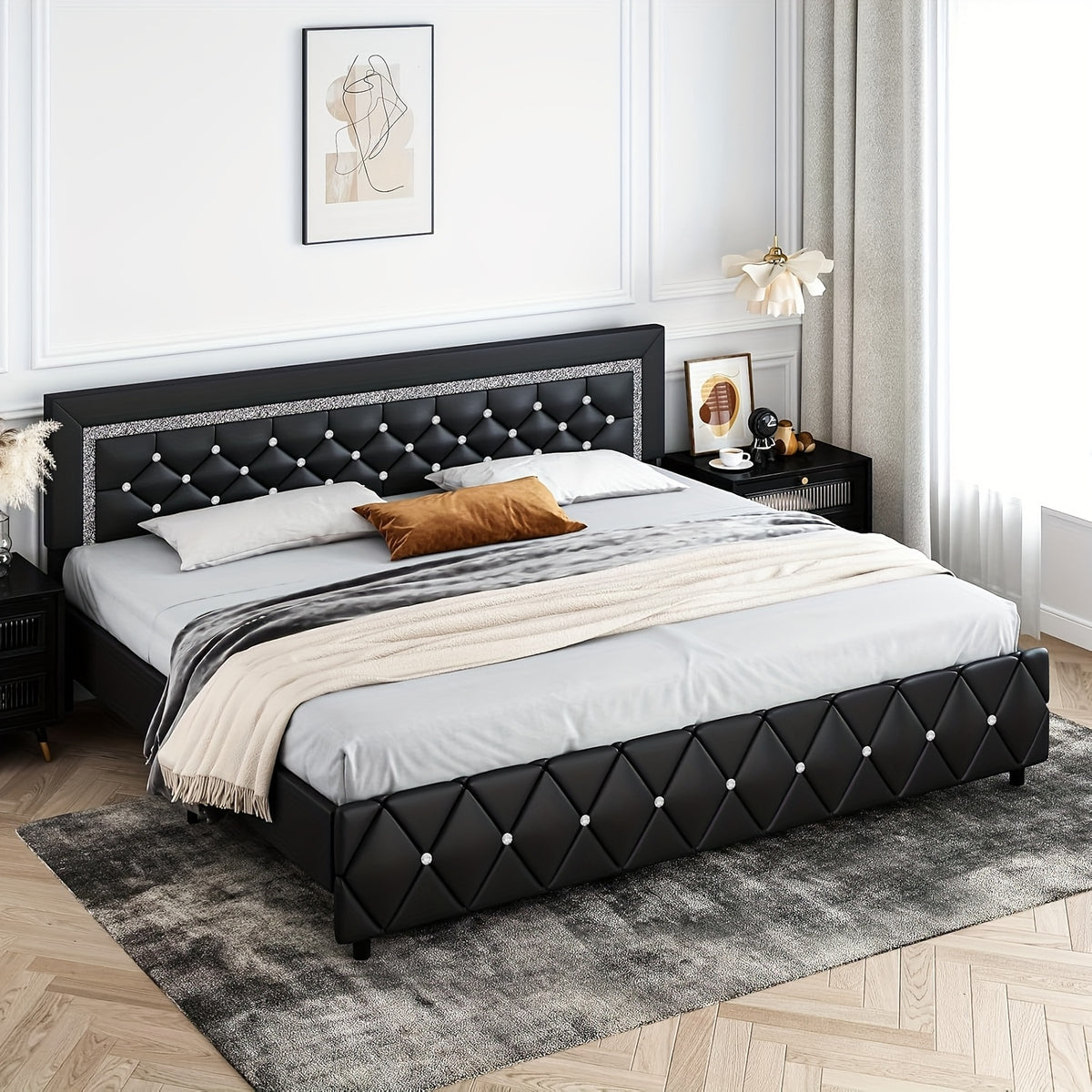 upholstered bed frame diamond tufted headboard faux leather - Temu