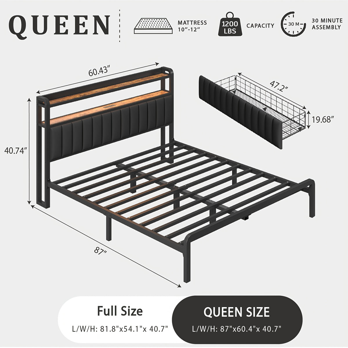 metal platform bed frame 2 tier storage headboard hidden - Temu