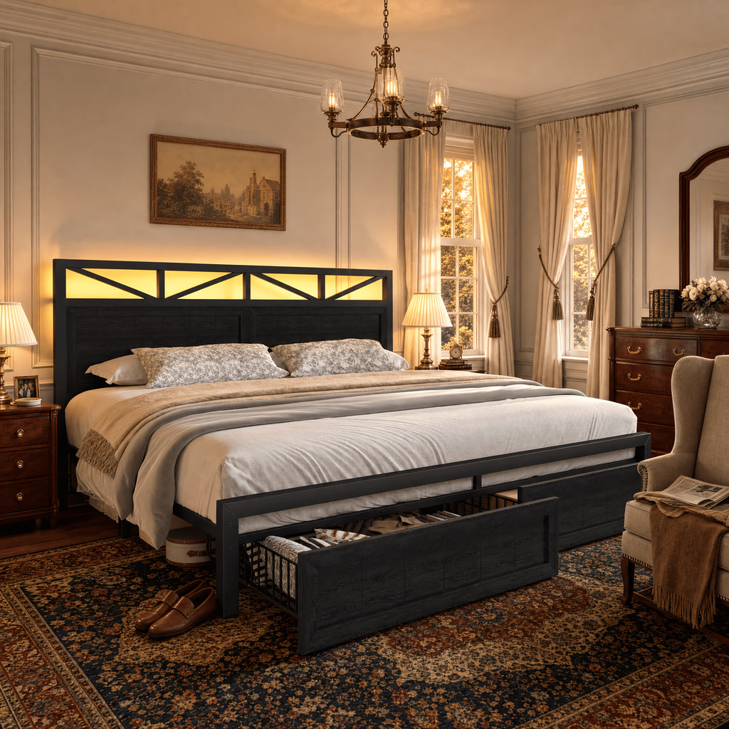 queen size led bed frame storage 2 drawers upholstered - Temu