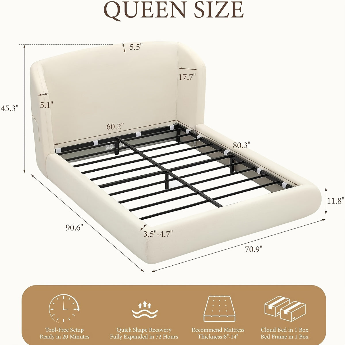wingback upholstered platform bed frame 45 3 inch high - Temu