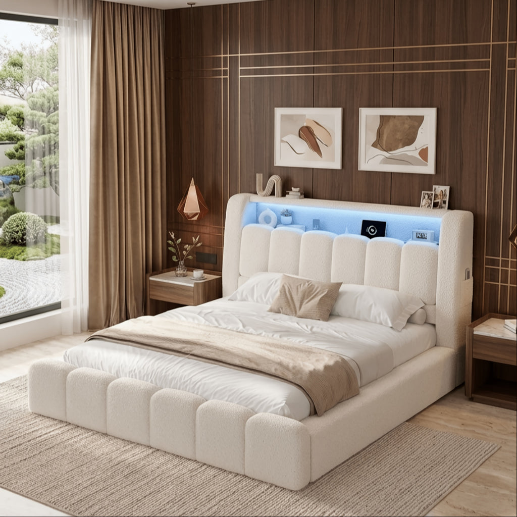 cloud bed frame cream white storage headboard built in led - Temu