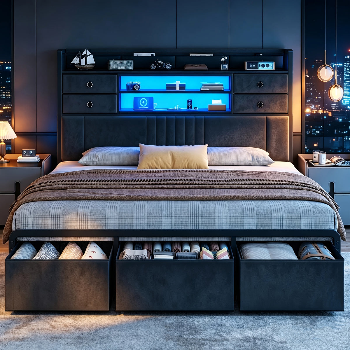 velvet platform bed frame headboard storage 4 fabric - Temu
