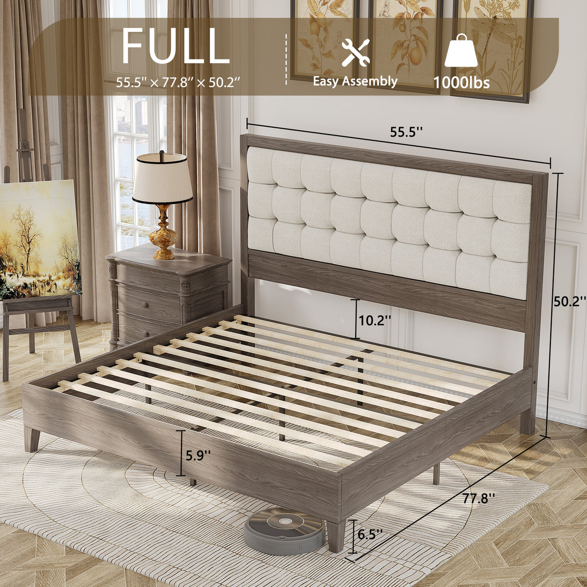 century wooden bed frame 49 high cushioned headboard - Temu