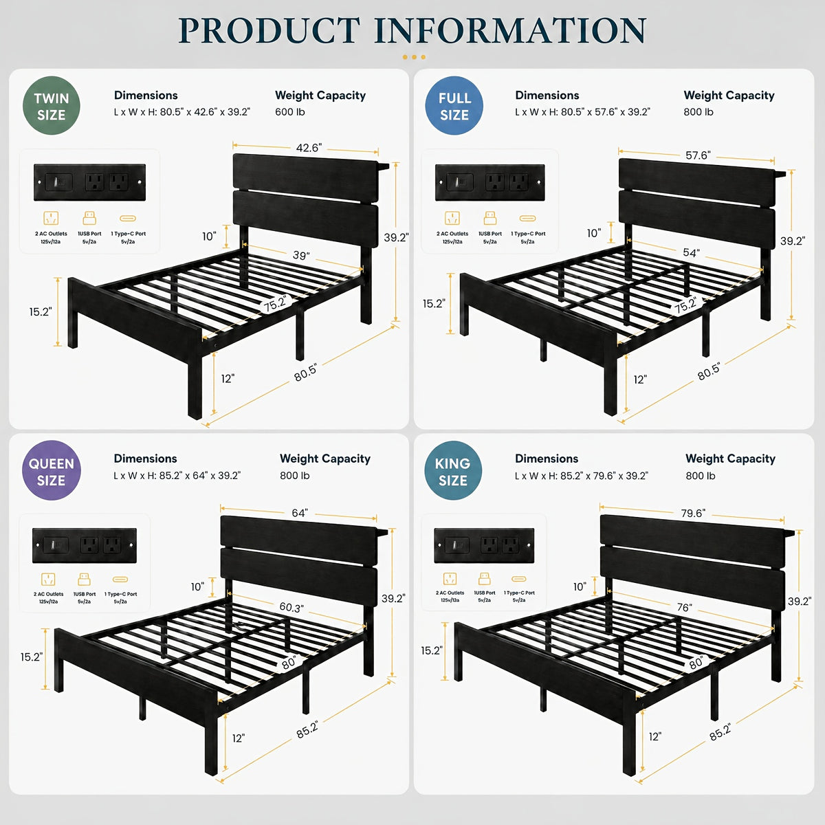 platform bed frame led lights charging station wooden - Temu